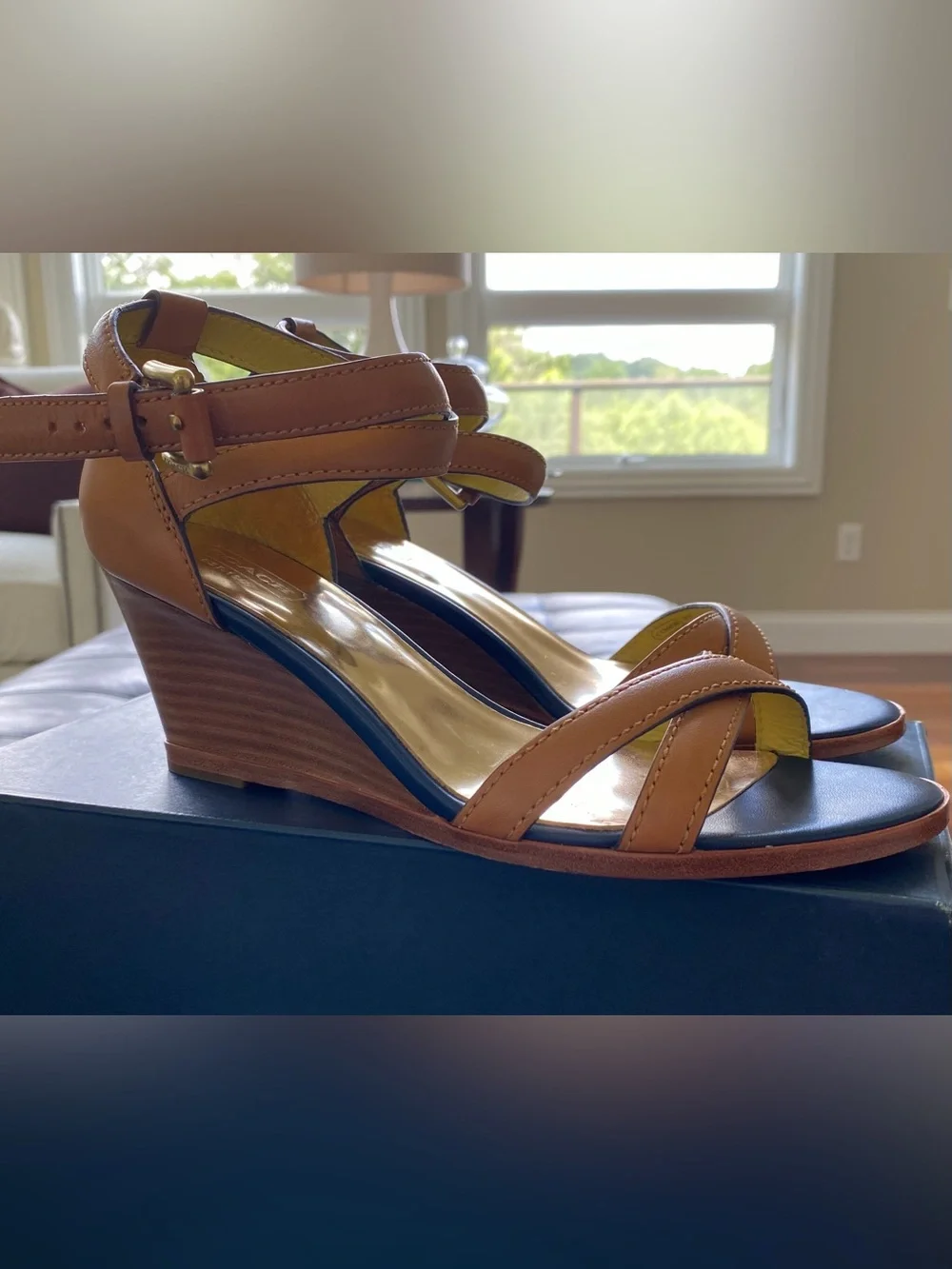 Coach Tan Leather Wedge Sandals with Gold Color Lining